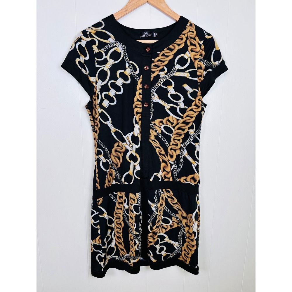 Bacci‎ Chain Print Dress Jewel Button Detail Short Sleeve Black Size Small